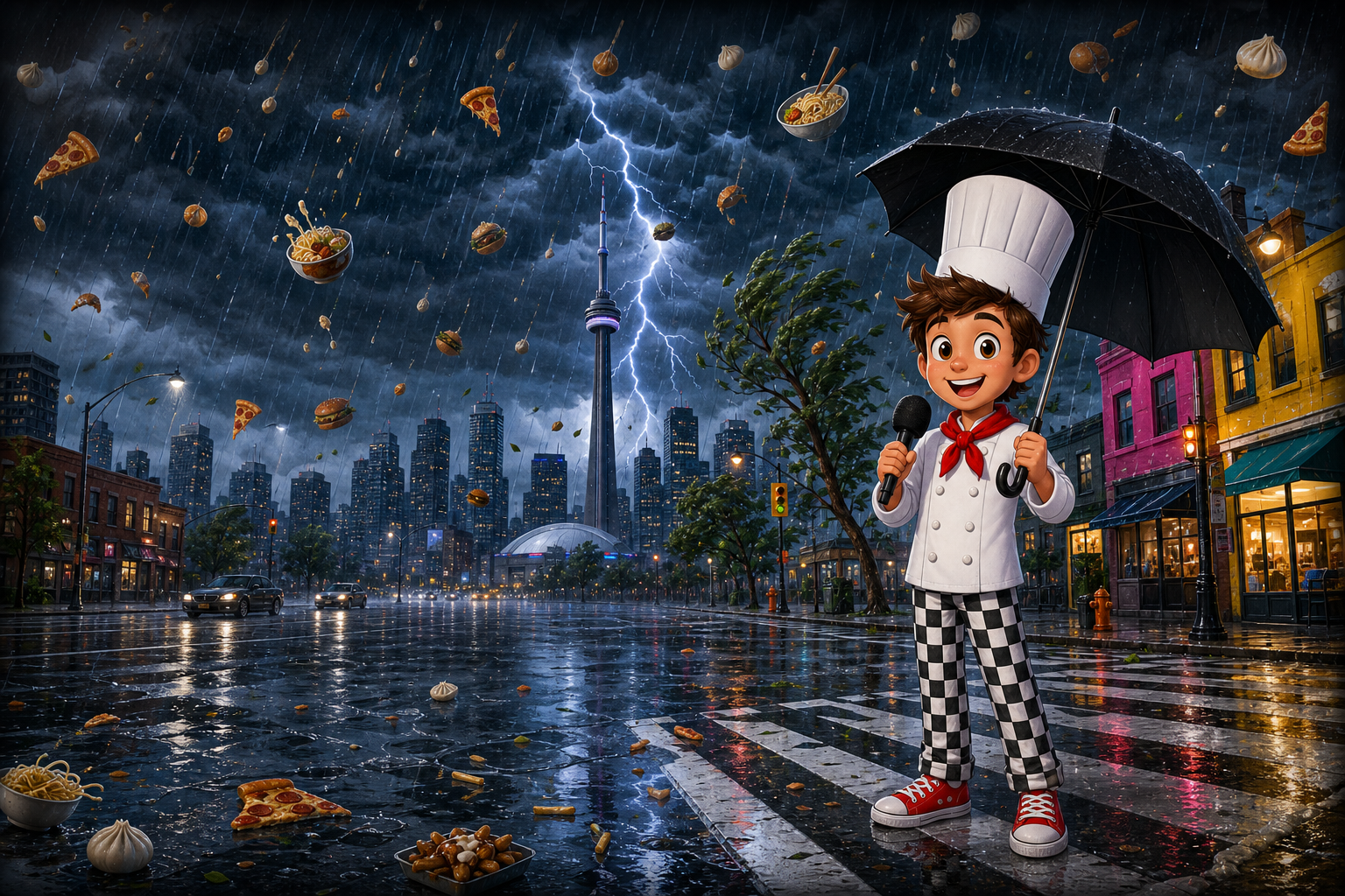 A young chef reporting live from a city street during a food storm.