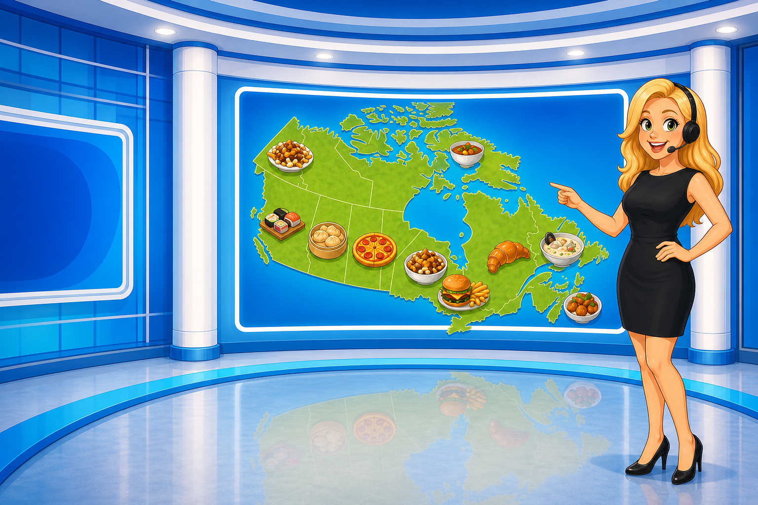 A cartoon weather presenter standing to the right of a Canada food-forecast map inside a TV studio.